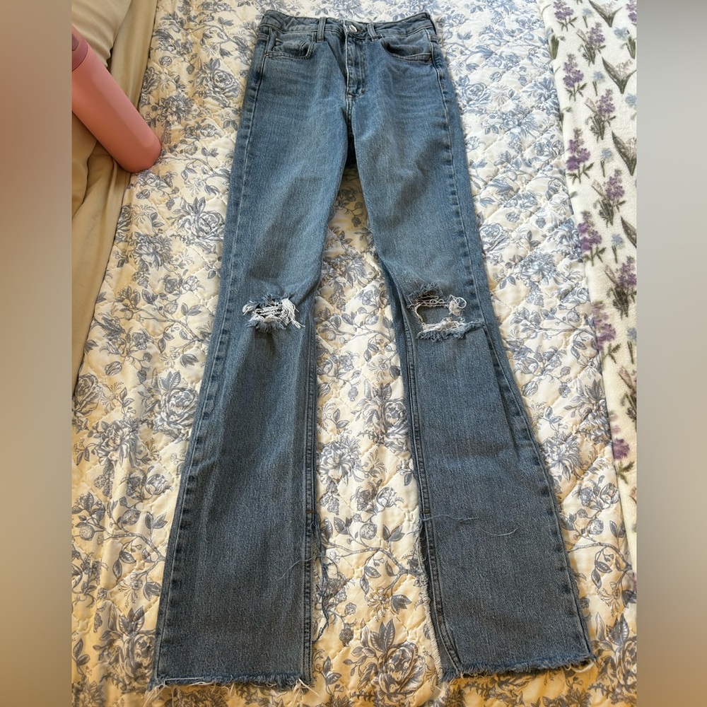 Zara Washed Blue Flared Split Hem Distressed Jeans